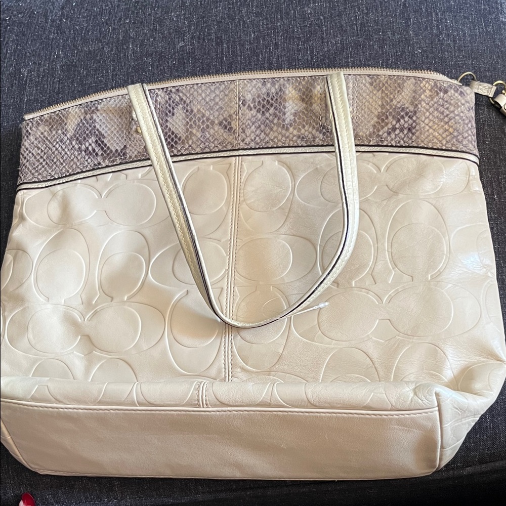 Coach Cream Tote with Snake-Print Trim and Gold Charm - Picture 3 of 4